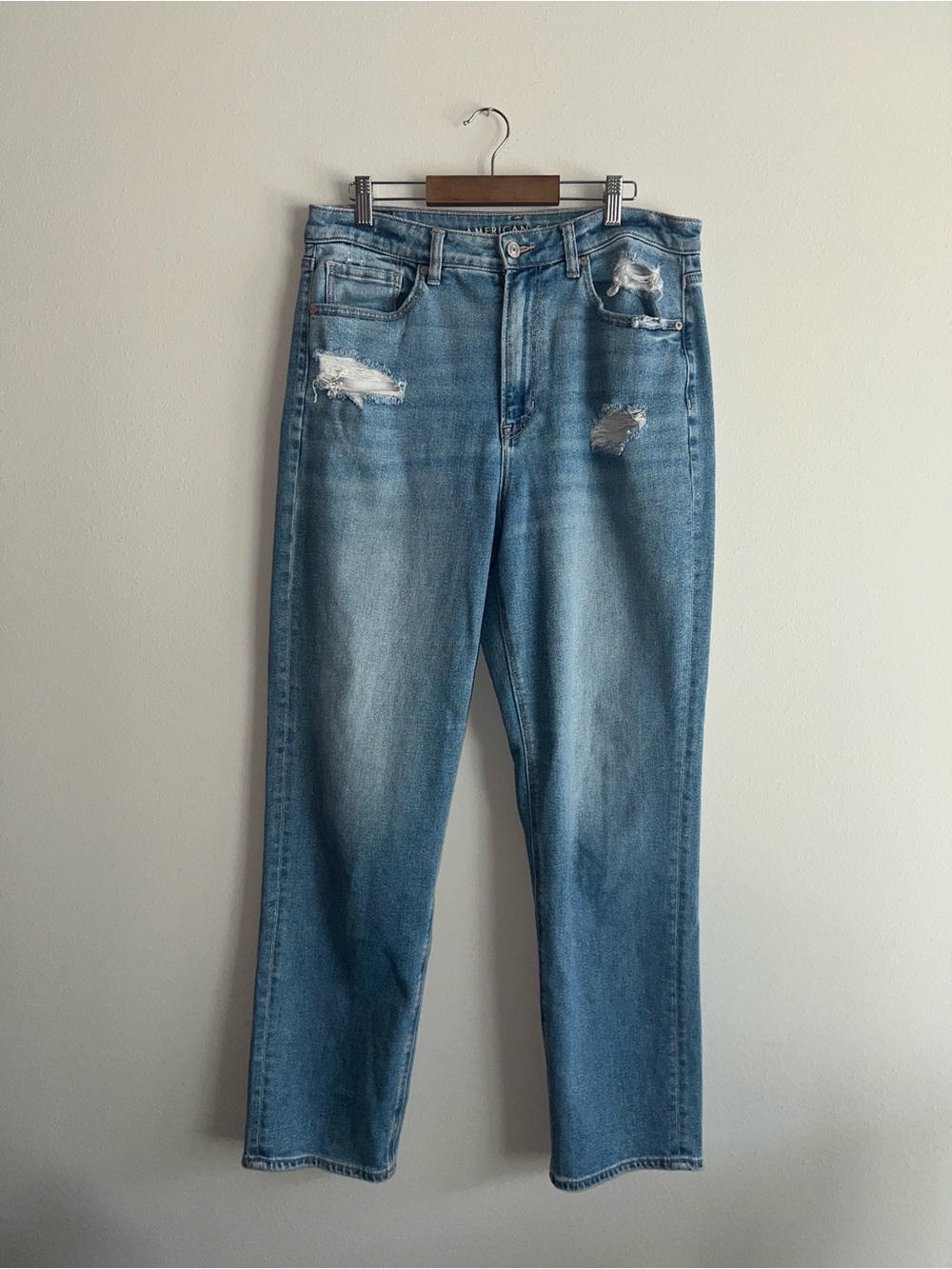 American Eagle Outfitters Denim Distressed Well Worn Mom Straight Jeans Size 12L
